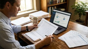 man reviewing financial statement spreadsheet at desk with laptop displaying charts