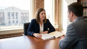 female attorney discussing legal documents with client across conference table
