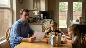 father reading legal document at kitchen table while two children eat breakfast