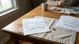 Brokerage Account Statement and Vesting Schedule documents beside wedding ring on table