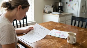 woman reading legal document at kitchen table beside child's family drawing