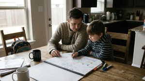 adult and child working together on large illustrated worksheet at kitchen table