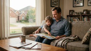 father and young child reading illustrated picture book together on living room sofa