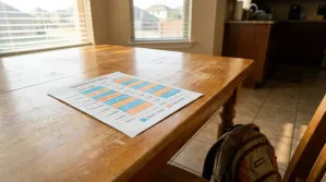 child custody weekly schedule chart showing Mom's Days and Dad's Days on kitchen table