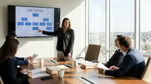 attorney presenting Asset Division chart to legal team in conference room