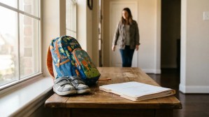 child's backpack and shoes beside legal documents on table with woman in background
