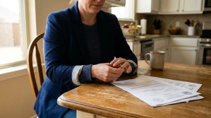 woman seated at kitchen table with stamped legal documents and coffee mug