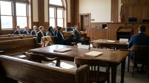 courtroom interior with attorneys seated at counsel tables and gallery observers