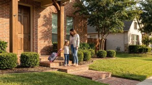 mother and young child with rolling backpack standing on brick home steps