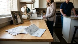 signed checks and documents on kitchen counter with couple standing nearby