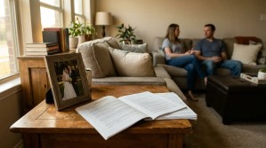 real estate deed document open on table beside framed wedding photo with couple in background