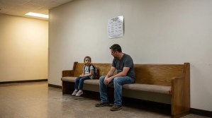 adult man and young girl seated on wooden bench beneath court schedule notice