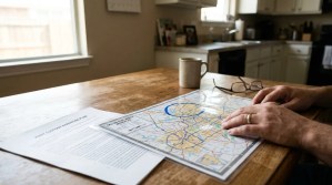 hands reviewing joint custody parenting plan document alongside Dallas-Fort Worth metro map