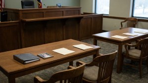 Collin County Family Court courtroom with counsel tables, folders, binder, and framed photo