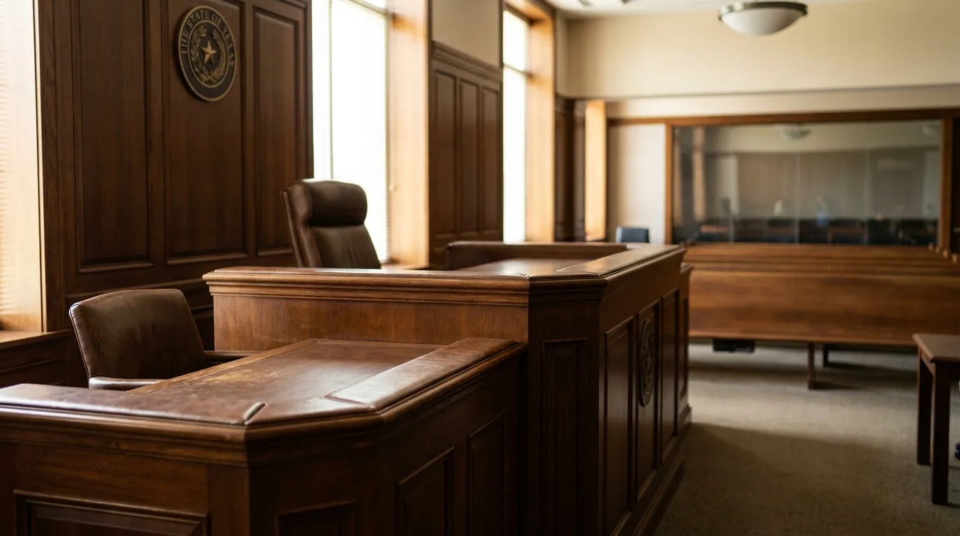empty Texas courtroom interior with judge's bench, counsel tables, and jury box
