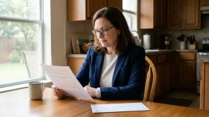 woman wearing glasses reading printed legal document at kitchen table