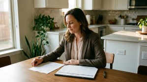 woman in blazer reviewing legal documents and calendar at kitchen table