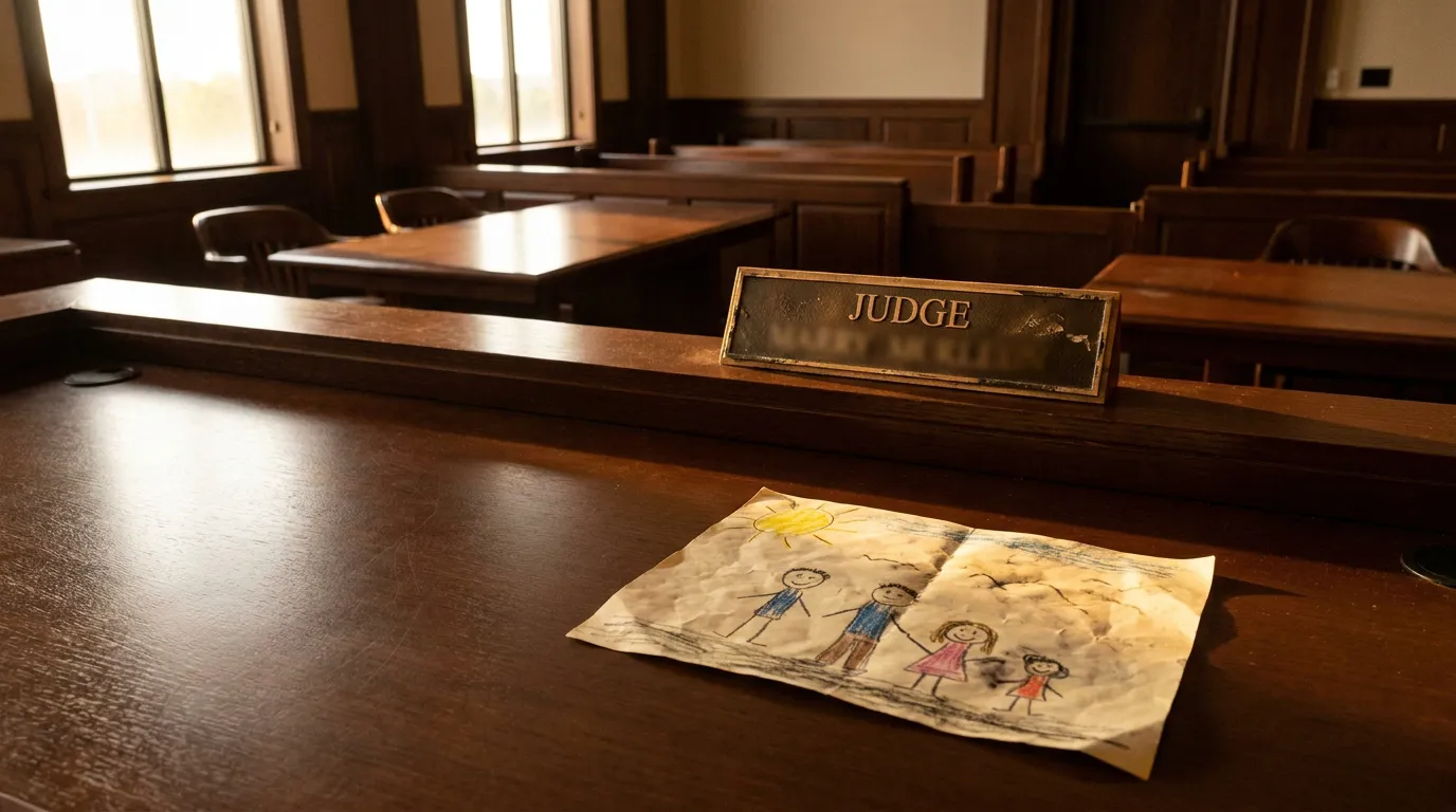 child's family drawing on courtroom bench beside Judge nameplate