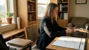 female attorney at desk reviewing smartphone beside open calendar and laptop
