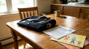 folded military uniform, child custody court order, and child's family drawing on kitchen table