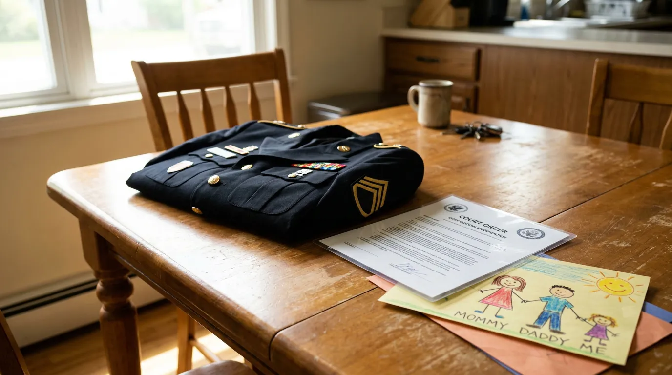 folded military uniform, child custody court order, and child's family drawing on kitchen table