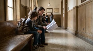 adult and child with backpack reviewing legal documents on courthouse hallway bench